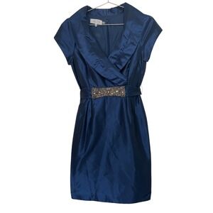 Teri Jon Cocktail Dress Navy Blue‎ Rhinestone Belted Shawl Collar Party
